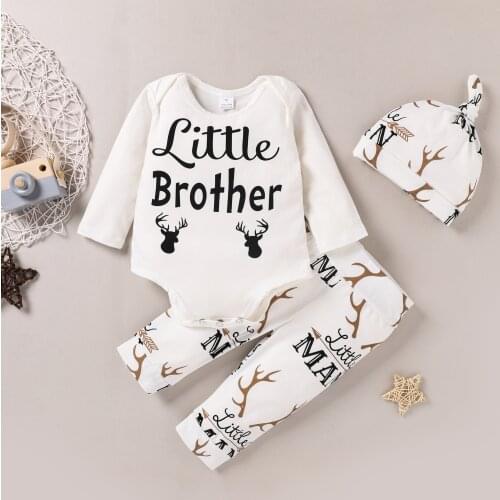Autumn Three Piece Baby Boys Sets Unique Letter Long Sleeve Jumpsuit Cartoon Antlers Print Long Pants with Beanie Hat