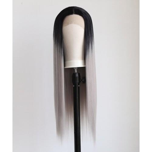 BTWTRY Long Straight Black Ombre Gary Synthetic Lace Front Wig for Black Women Natural Heat Resistant Fiber Cosplay Daily Wear