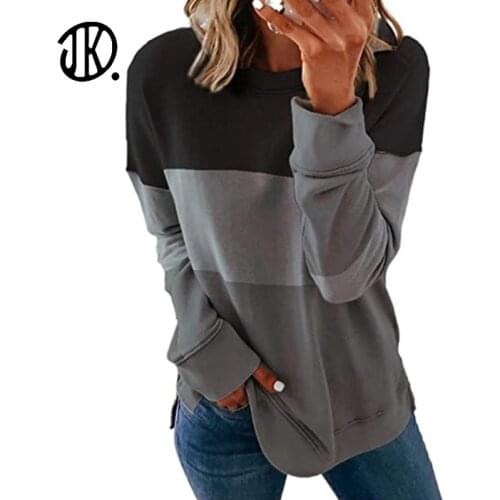 Casual Round Neck Stitching Contrast Color Top Ladies Loose Long-sleeve Bottoming T-shirt Female Spring Large Size 2XL Pullover