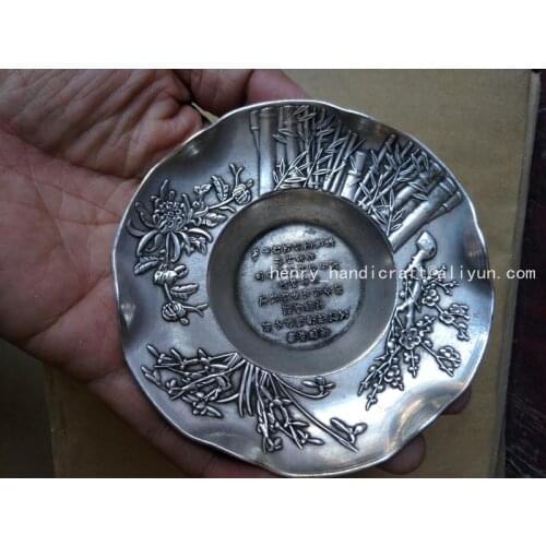 Rare old Chinese QingDyansty silver plate,Merlin bamboo chrysanthemum,Free shipping