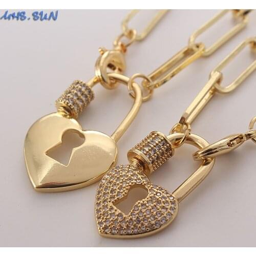 MHS.SUN Luxury Mosaic Zircon Heart Lock Pendants Necklace Gold Color Women/Girls Chunky Chain Necklace Charm CZ Jewelry 1Pcs
