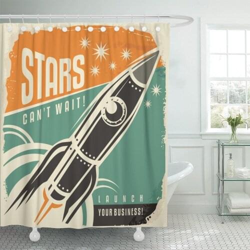 Retro Rocket Launch Stars Can Not Wait Creative Vintage Shower Curtain Waterproof 60 x 72 Inches Set with Hooks