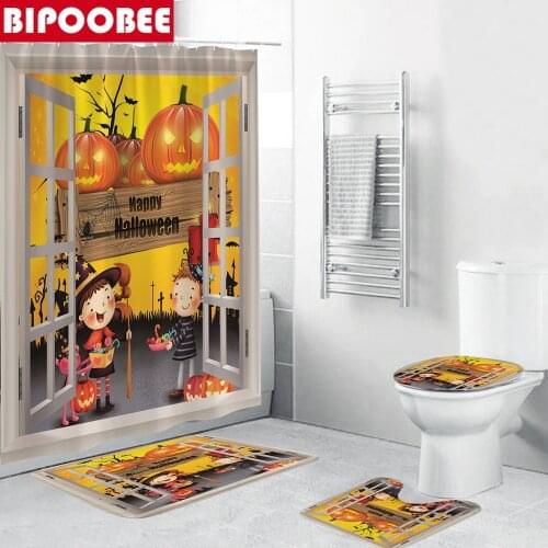 Pumpkin Pattern Bathroom Curtains and Bath Mats Rugs Halloween Printed Shower Curtain Set Toilet Lid Cover Washroom Home Decor