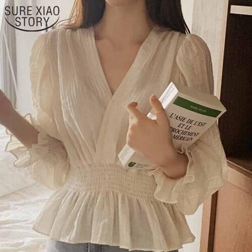 2021 Spring Sweet Shirt Elegant Korean Style Pleated Casual Lady Tops V-neck Elastic Waist Puff Sleeve Blouse Women Blusas 12728