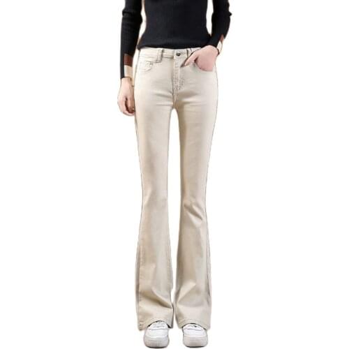 2021 New Korean Style Beige Ivory Bootcut Jeans Women Stretch Slimming Skinny Flared Denim Jeans Solid Color XS S Dropshipping