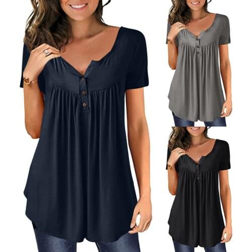 Womens Tops Casual Solid Button Pleated T-shirt Top Loose Plus Size Summer Pullover Top Tee Female O Neck Short Sleeves T Shirt
