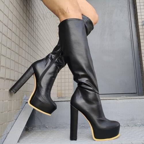 BERZIMER Women Knee High Platform Boots Side Zip Block High Heels Tall Boots Faux Leather Female Shoes Woman Big Size 42 44 52