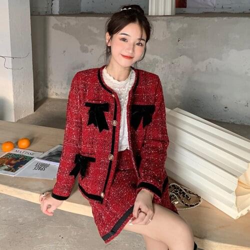 New Fashion Autumn And Winter 2 Piece Set Skirt Suit Womens Sweet Bow Jacket Coat + High-Waist A-Line Skirt Fashion Sets