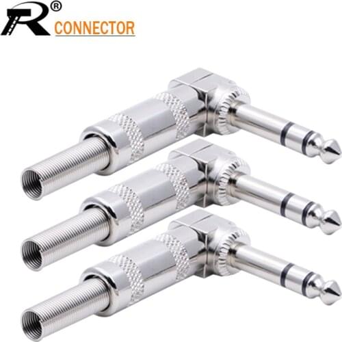10pcs Silver Jack 6.35mm 3 pole Microphone plug Right Angle Male Assembly 6.3mm Stereo Nickle plating Audio Plug Connector