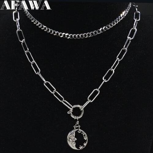 2021 Fashion Stainless Steel Punk Moon Star Necklace Women Silver Color Layered Necklaces Pendants Jewelry gargantilla N19175