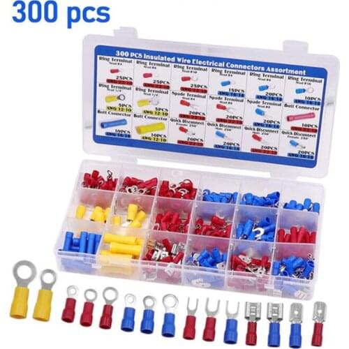 300PCS Insulated Wire Terminal Crimp Connector Assortment Electrical Ring Spade Butt Terminal