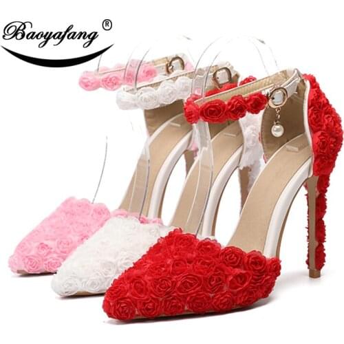 BaoYaFang 2019 NEW ARRIVE Wedding shoes White Flower Fashion shoes plus size Thin Heel Dress shoe Pointed Toe Ankle strap Pumps