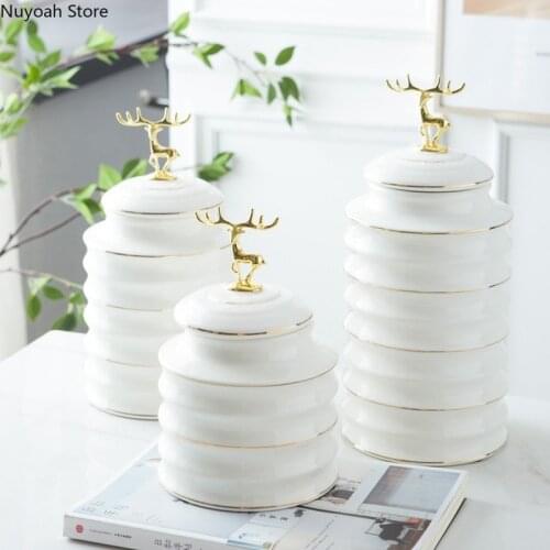 White Ceramic Storage Jar Creative Tracing Gold General Jar Candy Tea Sealed Jar Home Ceramic Crafts Living Room Decoration
