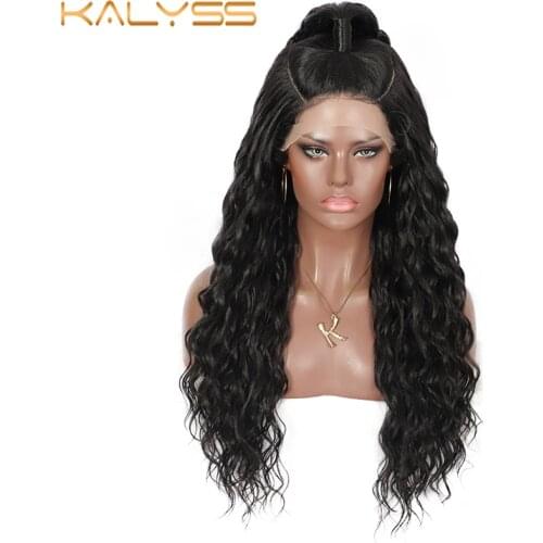 Kalyss 32Inches Long Pre-braided Ponytail Circle Lace Part Wig With Baby Hair For Women Natural Blak Curly Synthetic Wigs