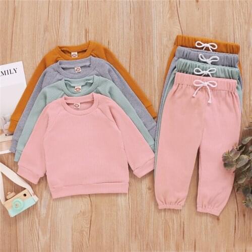 Kids Boy Girl Homewear Clothes Set Solid Pink Green Autumn Fall Long Sleeve T-shirt Pants Outfits Clothing 2PCs Casual Outfits