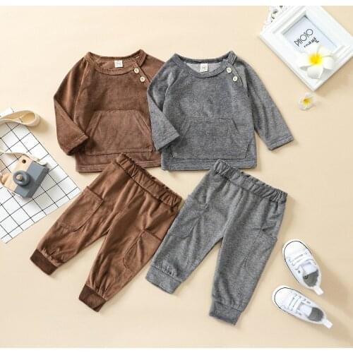 FOCUSNORM 0-24M Newborn Baby Boy Girl Clothes Sets Solid Color Long Sleeve Pullover Tops Pant Trouser 2PCS