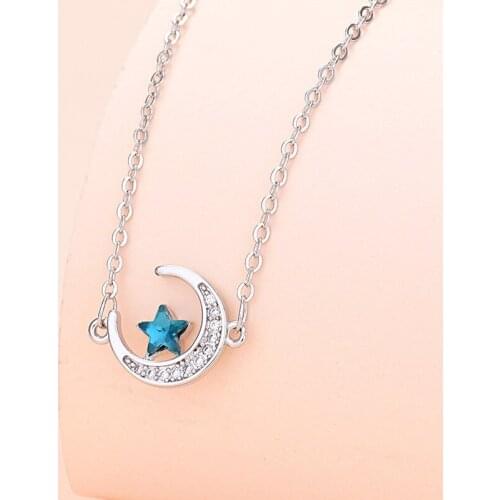 Lyvior Simple Inlaid Zircon Moon and Bule Star Necklace Pendant Clavicle Chain Fashion Jewelry Gift For Her