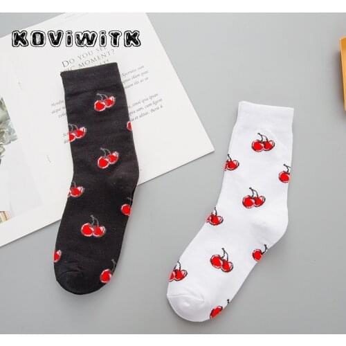 Fashion Funny Fruit cherry socks for women black/White Short Cotton Casual Sock Solid color Warm Cute Harajuku Girl Warm art Sox
