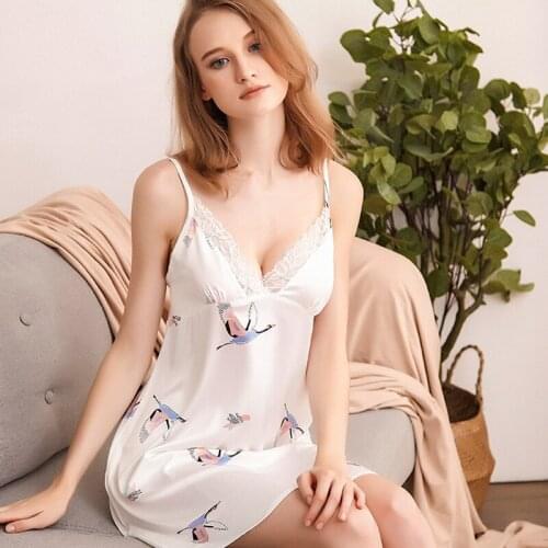 New High-End Ladies Summer Satin Imitation Silk Lace Home Service Sexy Suspender Nightdress Pajamas Womens Dress