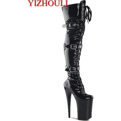 20cm Front Platform High-Heeled Shoes Tall Boots Buckle Strap Round Toe Boots Dancer So Sexy 8 Inch Buckle Thigh High Boots