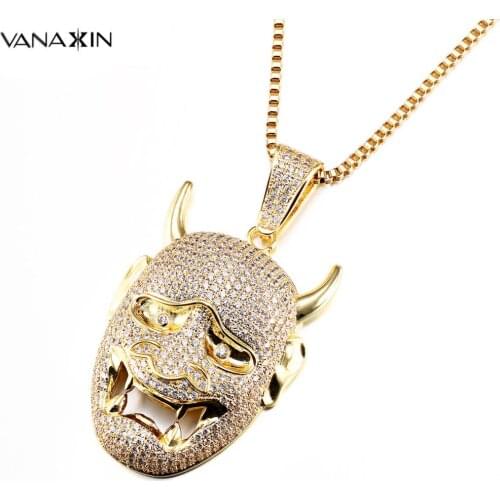 Hip Hop Mask Necklaces Pendant Cubic Zircons Crystal Jewelry Necklace for Men Women Gold Color High Quality Gift