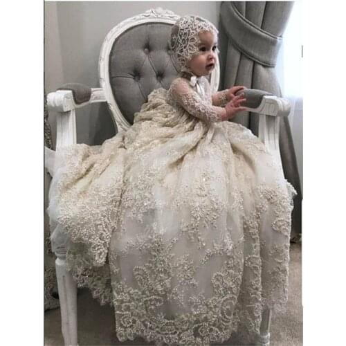 Luxury White Ivory Christening Gown Lace Pearls Baby Girls Baptism Dresses Toddler Infant Christening Dress With bonnet
