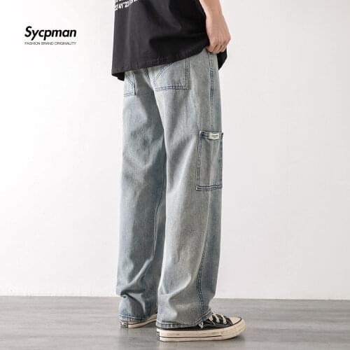 Loose jeans men fashion brand wide leg straight pants overalls retro pants light color trend leisure youth