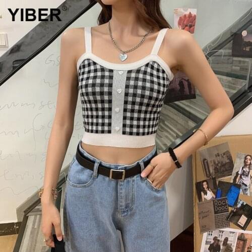 Vintage Plaid Corset Womens Tank Top Camis Knit Crop Tops Women 2021 Summer Cute Inner Buckle Camisole Tank Top