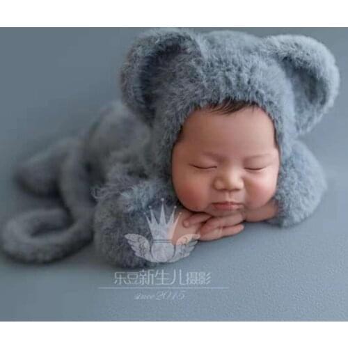 Vintage Baby Boy Outfit Photo Props Fluffy Crochet Infant Hat Overalls Newborn Jumpsuit Newborn Elephant Animal Romper Hat Set