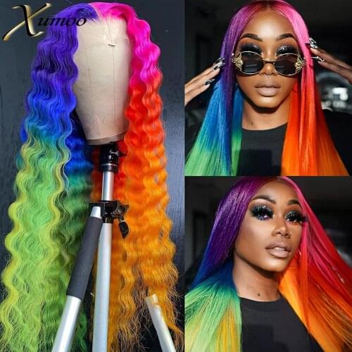 XUMOO Deep Wave Rainbow Colorful Brazilian Virgin Human Hair Unprocessed 13x4 Lace Front Wig With Baby Hair For Cosplay Women