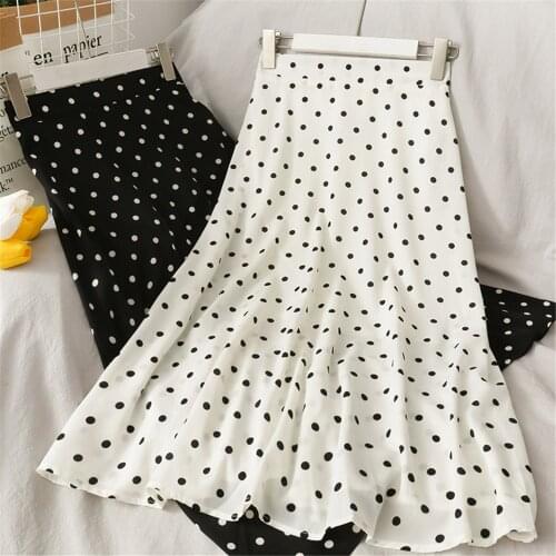 Summer Casual Chiffon Print Dot-print Skirt Female High Waist Midi A-line Skirt Womens Black White Red Long Skirts Streetwear