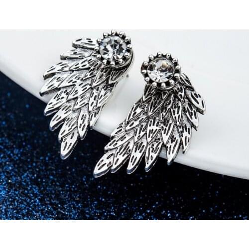 Crystal Gothic Cool Angel Wing Stud Earrings for Women Feather Party Wedding Gold Earrings Fashion Jewelry Oorbellen Punk Bijoux