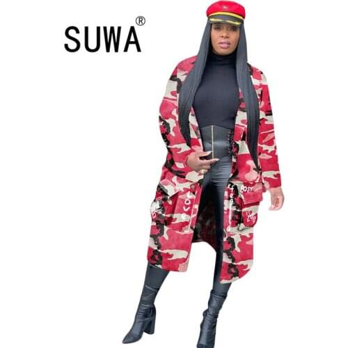 Plus Size Camouflage Trench Coat Women Autumn Casual Letter Print Coat Pockets Long Sleeve Overcoat Female Outwear Wholesale