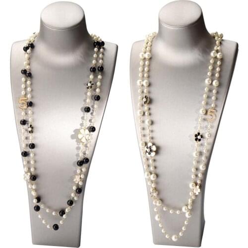 Women Double Layer Faux Pearl Necklace 5-Character Pendant Long Necklace Jewelry Gift Pendant Accessories Decoration Chain