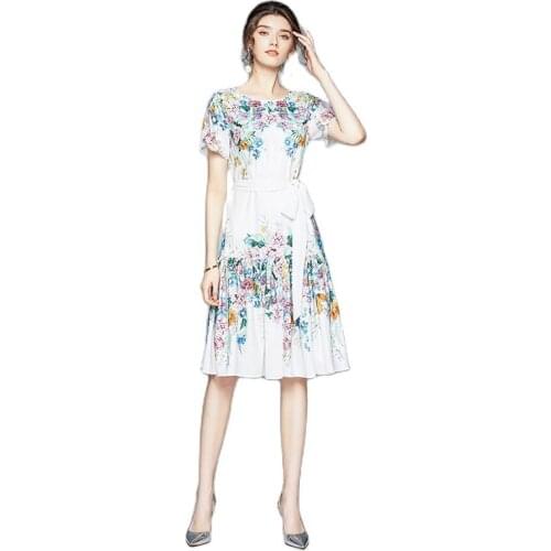 BunniesFairy Celebrity-inspired Women Retro Brilliant Flower Floral Print Short Sleeve White Ruffles Dress Vestido Midi Elegante