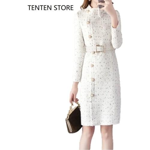 Fall winter woolen midi dresses female high waist a line plus size vintage buttons elegant o neck long sleeve dress with buttons