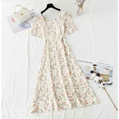 Women Summer Dress Vintage Square collar Floral Print Chiffon Dresses 2021 High Waist Sweet Bow Bandage Midi Dress Robe Femme