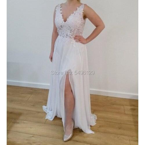 Beach Chiffon Wedding Dresses 2020 Side Split Top Lace Boho Bride Dress Sexy Appliques Wedding Gown Customized Vestidos de novia