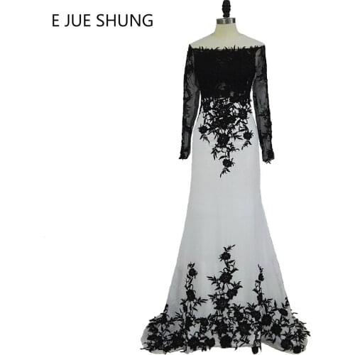 E JUE SHUNG White And Black Lace Mermaid Wedding Dresses Long Sleeves Elegant Bridal Dresses Wedding Gowns robe de soiree
