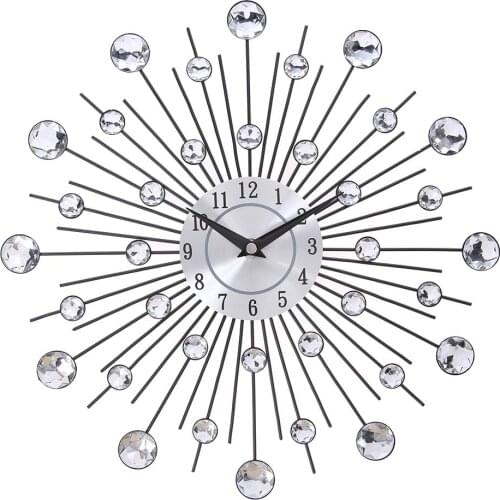 33cm Silver Diamante Beaded Jeweled Round Sunburst Metal Wall Clock For Room Home Decor Diy Large Wall-clock Sticker