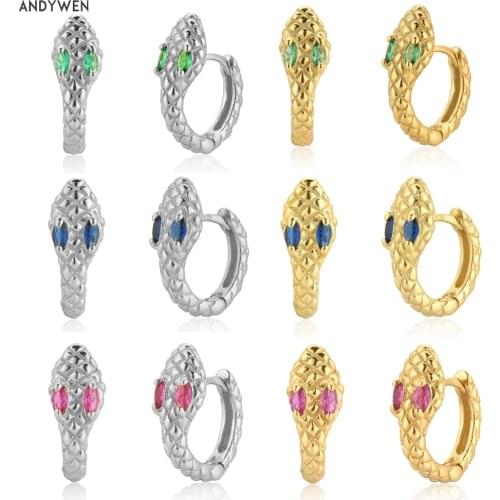 ANDYWEN 925 Sterling Silver Rainbow Colorful Eye Zircon CZ Circle Hoops Huggies Women Fashion Clips Snake Pendiente Jewelry