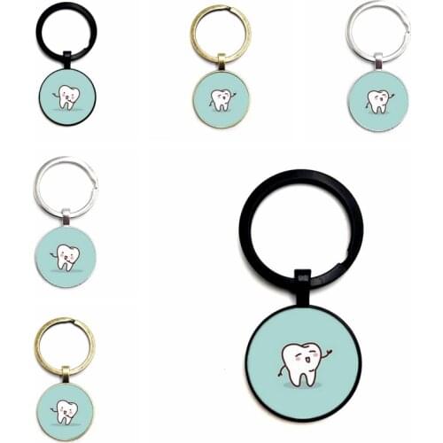 Dental Health Cleaning Reminder Car Pendant Keychain White Teeth Cabochon Glass Key Ring Jewelry Gift Pendant