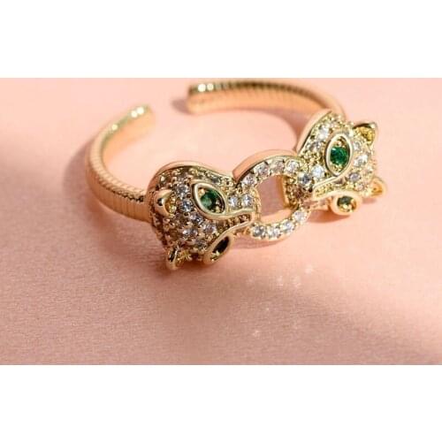 Zircon Double Panther Head Ring INS Popular Personality Hip-hop Pnunk Open Ring Cool Women Adjustable Leopard Finger Accessories