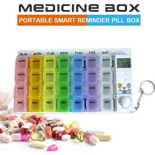 7 Days Pill Box Medicine Pill Case Organizer LED Timer Reminder 28 Grids Weekly Tablets Storage Pill Dispenser Alarm Clock