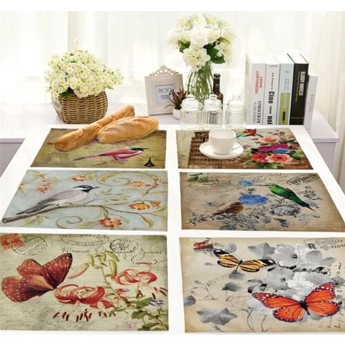 Cotton Linen Placemats Retro Flower Bird Placemat Animal Dog Table Pat Cloth Coaster Kitchen Accessories Decoration