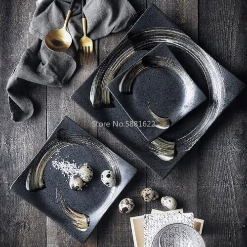 Ceramic tableware sushi plate creative square plate dessert steak cake plate home flat plate restaurant retro dinner plates set