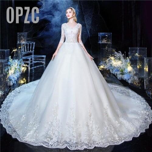 Sweet Sexy V Neck Luxury Wedding Dresses 2020 New Style Custom Pluse Size Half Sleeve Long Train Bridal Gowns estidos de noivas