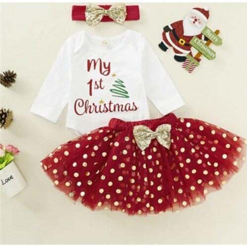 My First Christmas Clothing For Newborn Baby Girls Long Sleeve Letter Print Bodysuit Dot Tutu Skirt Headband 3 Piece Set 0-18M
