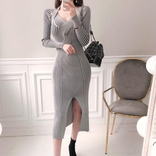Autumn Winter Women Sexy V-Neck Knitted Dresses Elegant Bottoming Knit Soft Warm Stripe Sweater Slim Slit Dresses Vestidos