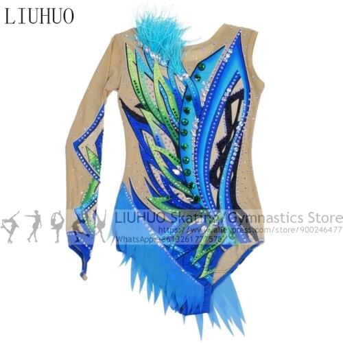Figure Skating Dress Kids Blue Feather Girls Competition Dress Gymnastics Leotard Artistic College Costume Multicolor